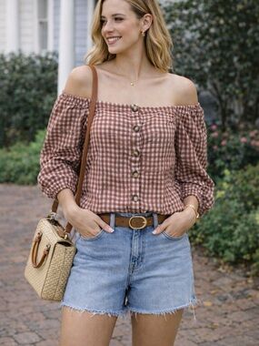 Madewell Off Shoulder Checkered Button-Up Blouse. Size 2